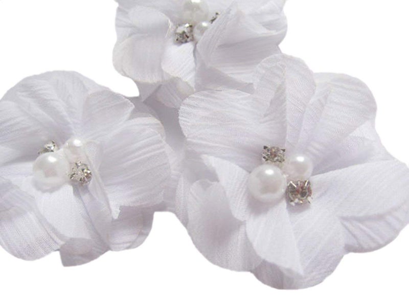 YYCRAFT Pack of 20 Pieces Chiffon 2" Flower Rhinestone Pearl for Craft Projects-Snow White