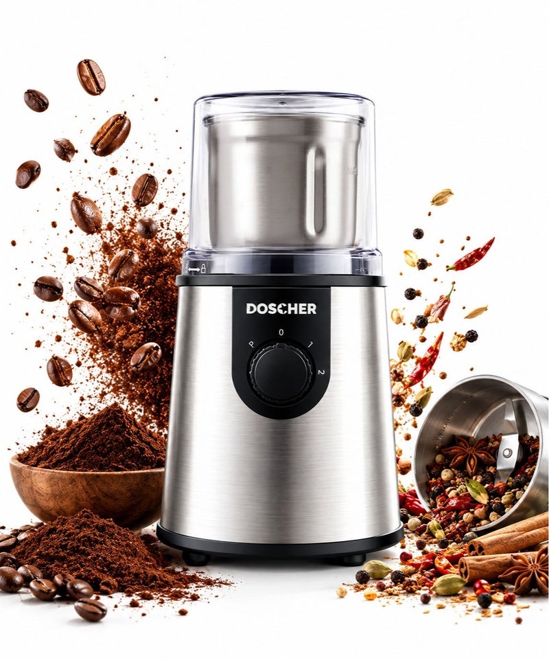 DOSCHER V60 Electric Coffee Grinder, 350W, 3-Mode Pulse Control, Dual Safety Lids, Detachable Easy-Clean Cup, 80g Capacity – Ideal for V60 Coffee Preparation, Coffee Beans, Grains, Nuts and Spices - Image 1