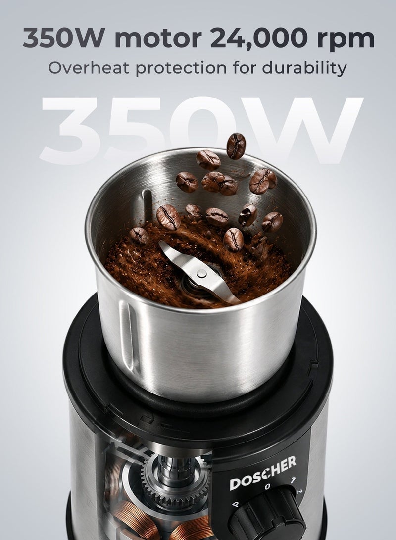 DOSCHER V60 Electric Coffee Grinder, 350W, 3-Mode Pulse Control, Dual Safety Lids, Detachable Easy-Clean Cup, 80g Capacity – Ideal for V60 Coffee Preparation, Coffee Beans, Grains, Nuts and Spices - Image 3