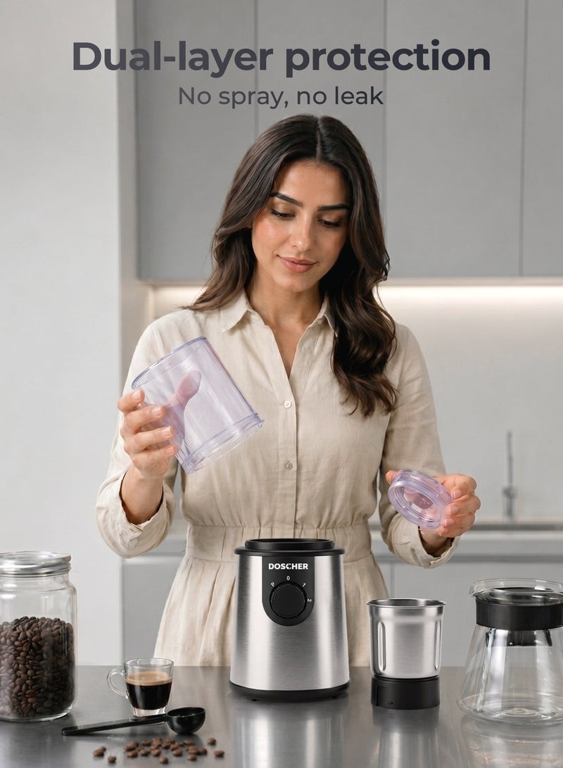 DOSCHER V60 Electric Coffee Grinder, 350W, 3-Mode Pulse Control, Dual Safety Lids, Detachable Easy-Clean Cup, 80g Capacity – Ideal for V60 Coffee Preparation, Coffee Beans, Grains, Nuts and Spices - Image 2