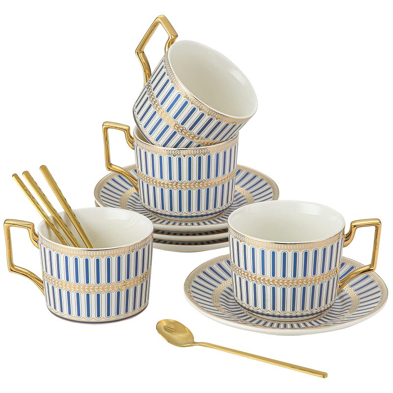CwlwGOCeramic Coffe Cups and Saucer SetsBritish Bone China Blue Gold Tea Cup and Saucers Service for 4Gifts Box China Tea Set Tea Sets for Women and Adults