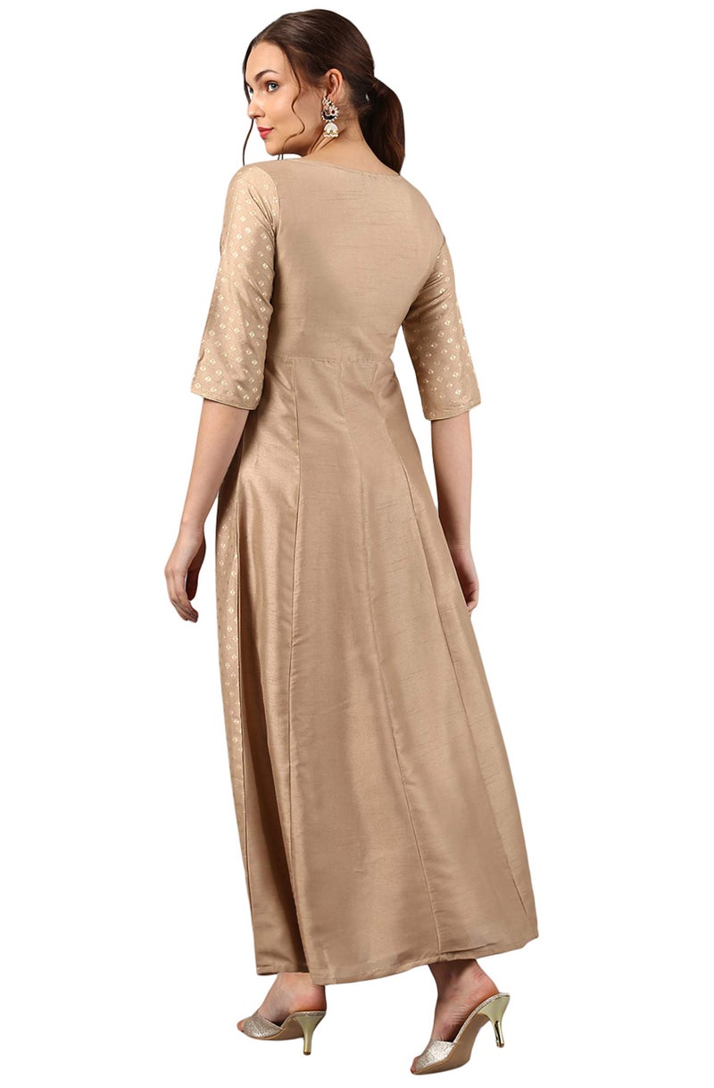 Janasya Women's Beige Poly Silk Foil Print Anarkali Kurta - Image 5