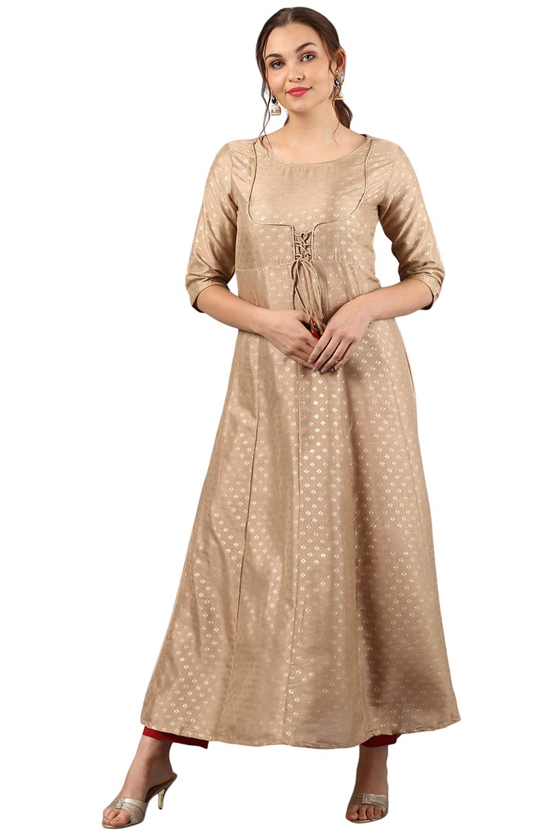 Janasya Women's Beige Poly Silk Foil Print Anarkali Kurta - Image 1