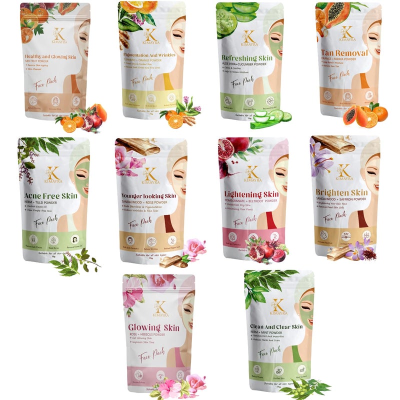 Kimayra Skin Care Combo Powder AloeveraCucumber OrangePapaya PomegranateBeetroot SandalwoodSaffron SandalwoodRose TurmericOrange NeemTulsi NeemMint Mixed Fruit 750 Gm75G X 10 Pack - Image 1