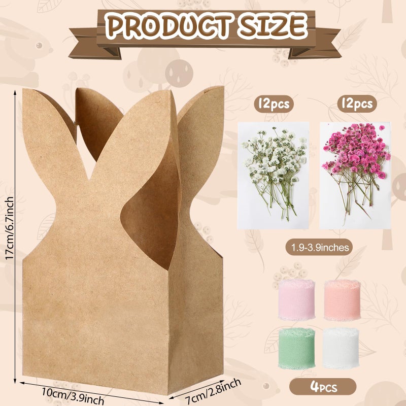 Affrolling 24 Set Boho Bow Easter Bunny Party Favor Bags DIY Bunny Gift Boxes with Neutral Bow Ribbon and Dried Flowers Rustic Paper Rabbit Ears Treat Bags Bulk for Easter Spring (Neutral Pastel) - Image 2