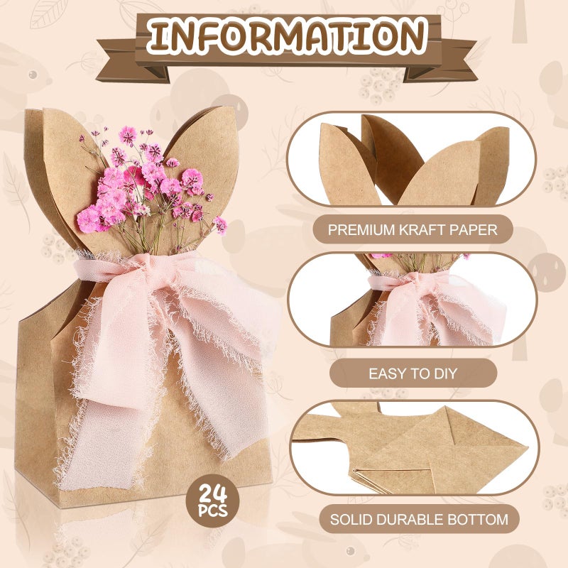 Affrolling 24 Set Boho Bow Easter Bunny Party Favor Bags DIY Bunny Gift Boxes with Neutral Bow Ribbon and Dried Flowers Rustic Paper Rabbit Ears Treat Bags Bulk for Easter Spring (Neutral Pastel) - Image 3