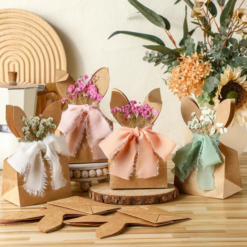 Affrolling 24 Set Boho Bow Easter Bunny Party Favor Bags DIY Bunny Gift Boxes with Neutral Bow Ribbon and Dried Flowers Rustic Paper Rabbit Ears Treat Bags Bulk for Easter Spring (Neutral Pastel) - Image 4