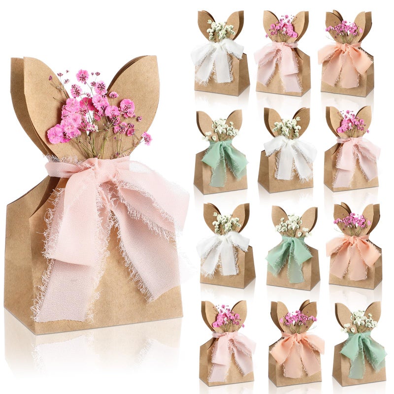 Affrolling 24 Set Boho Bow Easter Bunny Party Favor Bags DIY Bunny Gift Boxes with Neutral Bow Ribbon and Dried Flowers Rustic Paper Rabbit Ears Treat Bags Bulk for Easter Spring (Neutral Pastel) - Image 1