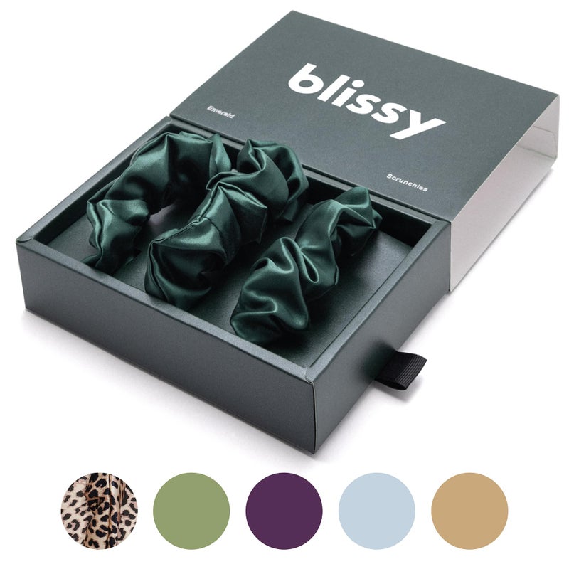 Blissy Silk Scrunchies (3 Pack) - 100% Pure Mulberry 22 Momme 6A High-Grade Fibers Scrunchie for Straight & Curly Hair (Emerald, Regular) - Image 1