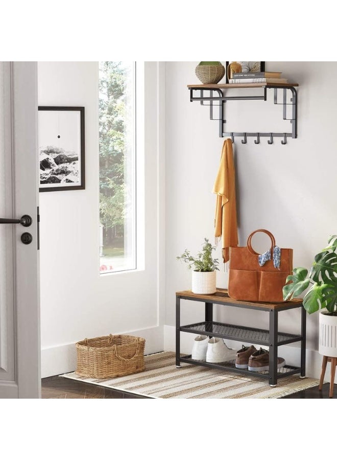 VASAGLE مقعد الأحذية VASAGLE، رف الأحذية مع 2 رفوف، منظم الأحذية، 30 × 73 × 45 سم، مدخل غرفة المعيشة الممر، هيكل فولاذي، نمط صناعي، بني ريفي وأسود - Image 4