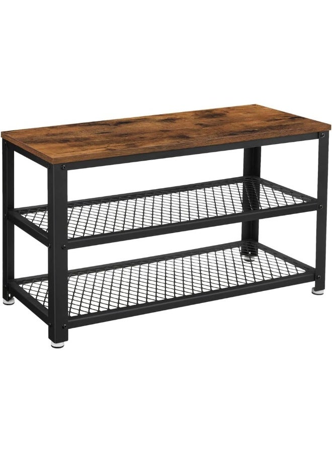 VASAGLE مقعد الأحذية VASAGLE، رف الأحذية مع 2 رفوف، منظم الأحذية، 30 × 73 × 45 سم، مدخل غرفة المعيشة الممر، هيكل فولاذي، نمط صناعي، بني ريفي وأسود - Image 1