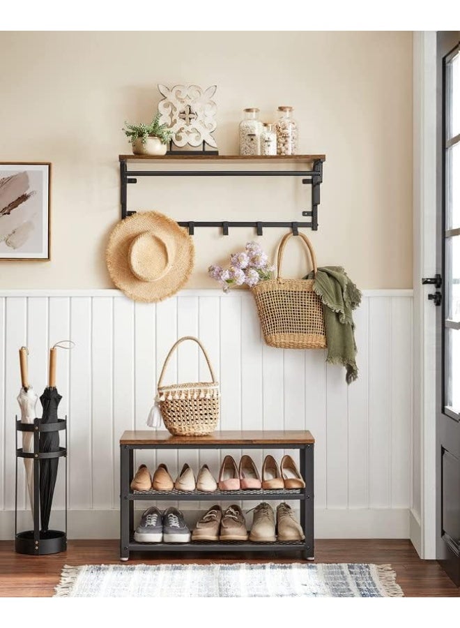 VASAGLE مقعد الأحذية VASAGLE، رف الأحذية مع 2 رفوف، منظم الأحذية، 30 × 73 × 45 سم، مدخل غرفة المعيشة الممر، هيكل فولاذي، نمط صناعي، بني ريفي وأسود - Image 2