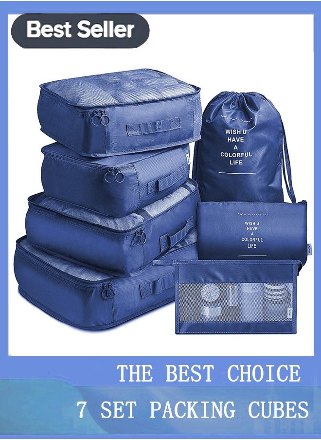 Arabest - Travel Organizer - Set of 7 Portable Reusable Travel Luggage for Suitcase Organizer, Storage Bag, Compression Bag, Travel Bag with Zipper (Navy Blue) - Image 1