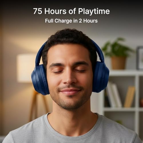pTron Studio Classic w/ 75Hrs Playtime, Wireless Over Ear Headphones w/HD Mic, Dual Device Pairing, TruTalk AI-ENC Calls, Low-Latency Game & Music, Deep Bass, BT5.4 & Type-C Charging (Blue) - Image 4