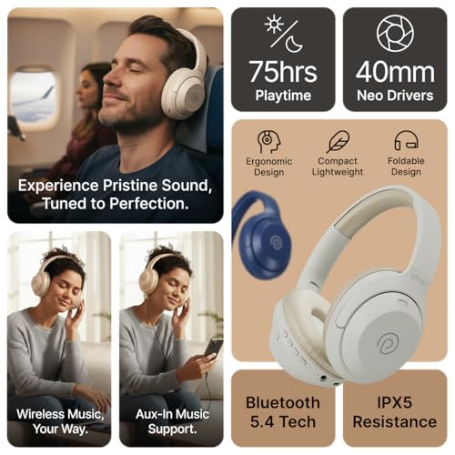 pTron Studio Classic w/ 75Hrs Playtime, Wireless Over Ear Headphones w/HD Mic, Dual Device Pairing, TruTalk AI-ENC Calls, Low-Latency Game & Music, Deep Bass, BT5.4 & Type-C Charging (Blue) - Image 2