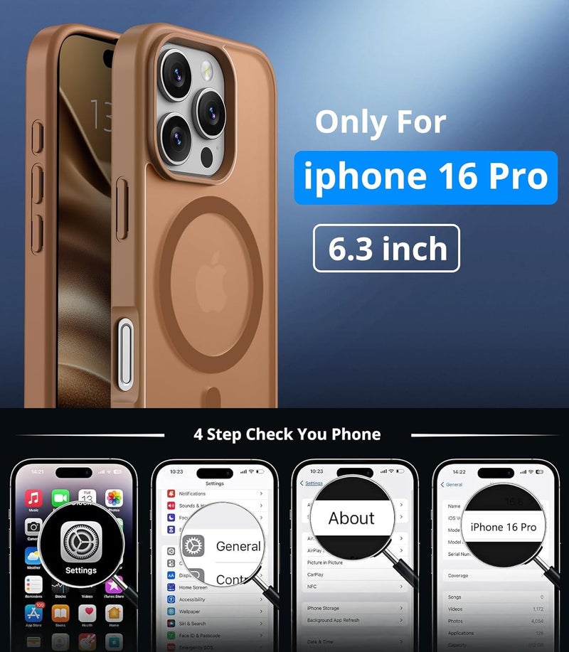 حافظة مغناطيسية لـ iPhone 16 Pro مع زجاج واقي واحد، متوافقة مع Magsafe، حماية من السقوط وفق المعايير العسكرية، ظهر غير لامع شفاف، حافظة هاتف مقاومة للصدمات، بني قهوة - Image 4