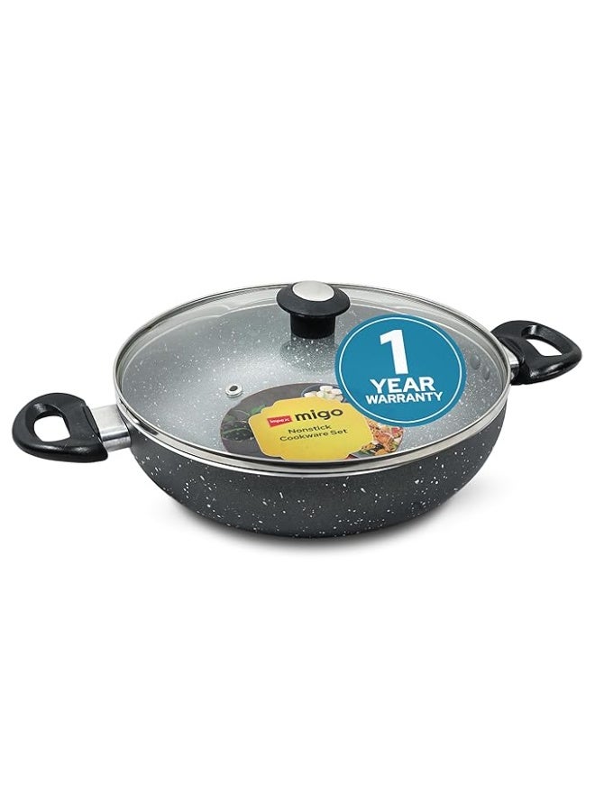 Impex Nonstick Aluminium Kadai Pan with Glass Lid Non Stick Cookware with Induction Base and Heatproof Handles | PFOA Free | Heat Resistant Exterior Paint (Grey, 24 Cm) - Image 1