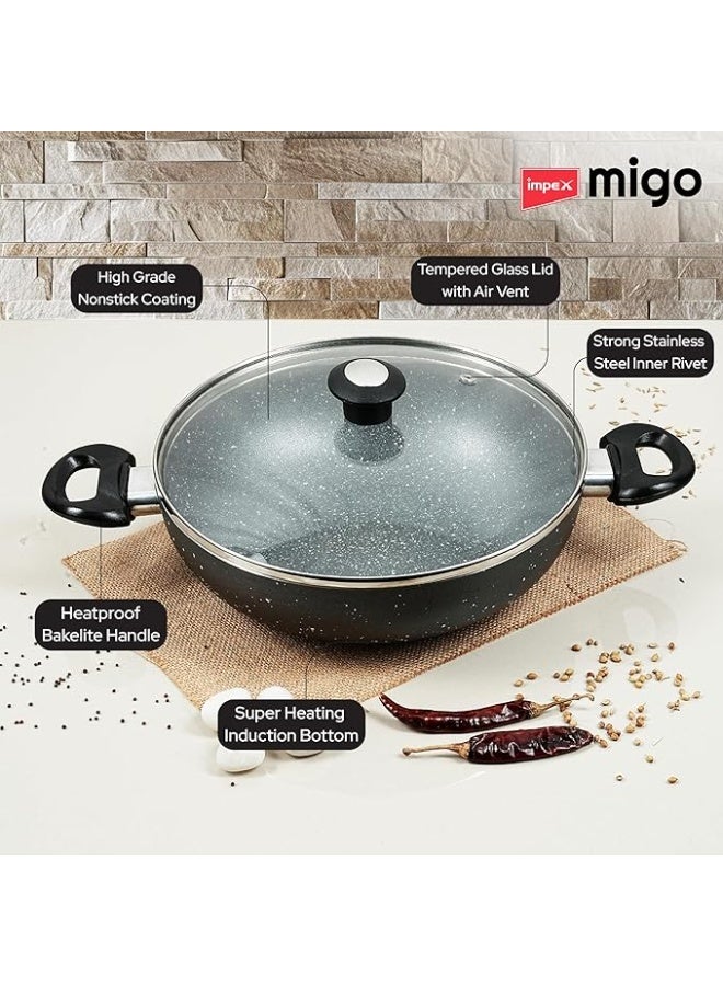 Impex Nonstick Aluminium Kadai Pan with Glass Lid Non Stick Cookware with Induction Base and Heatproof Handles | PFOA Free | Heat Resistant Exterior Paint (Grey, 24 Cm) - Image 4