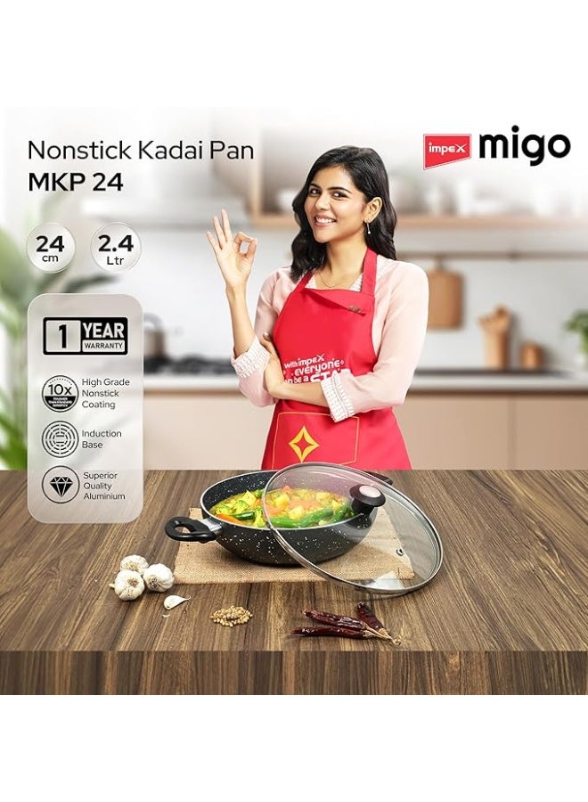 Impex Nonstick Aluminium Kadai Pan with Glass Lid Non Stick Cookware with Induction Base and Heatproof Handles | PFOA Free | Heat Resistant Exterior Paint (Grey, 24 Cm) - Image 3