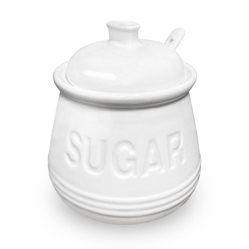 NAXIHOPT وعاء سكر NAXIHOPT مع غطاء وملعقة حاويات سكر خزفية لسطح الطاولة وعاء سكر لبار القهوة ملحقات حاملة سكر مغطاة للمطبخ 12 أونصة بيضاء