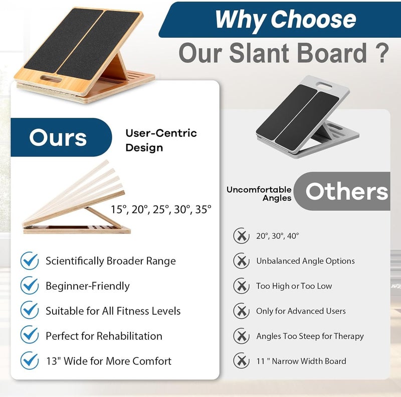 StrongTek 13” Wide Portable Wooden Slant Board with 5-Level Incline for Calf Stretching and Physical Therapy - Image 3