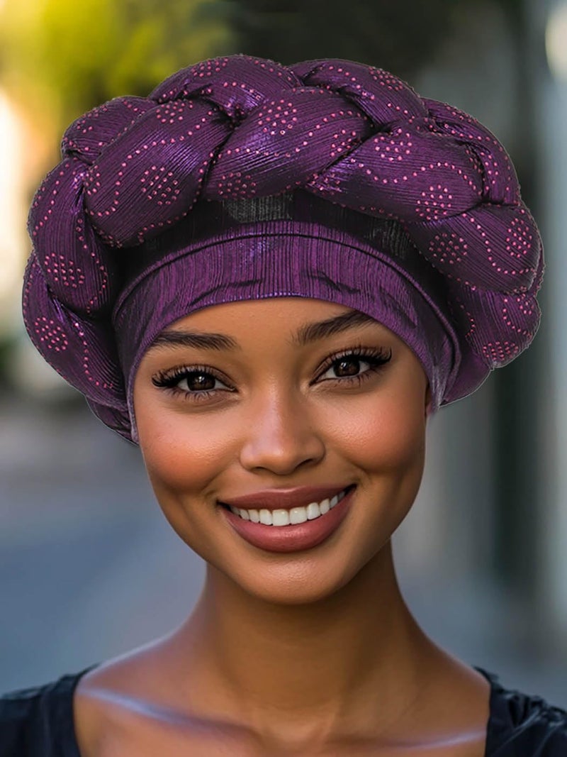 Woeoe African Turban Head Wraps Purple Braid Beanie Cap Headwear Crystals Twisted Head Turbans for Women and Girls (Purple) - Image 3