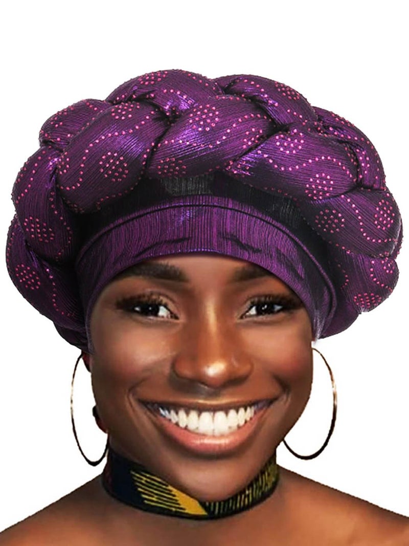 Woeoe African Turban Head Wraps Purple Braid Beanie Cap Headwear Crystals Twisted Head Turbans for Women and Girls (Purple) - Image 1