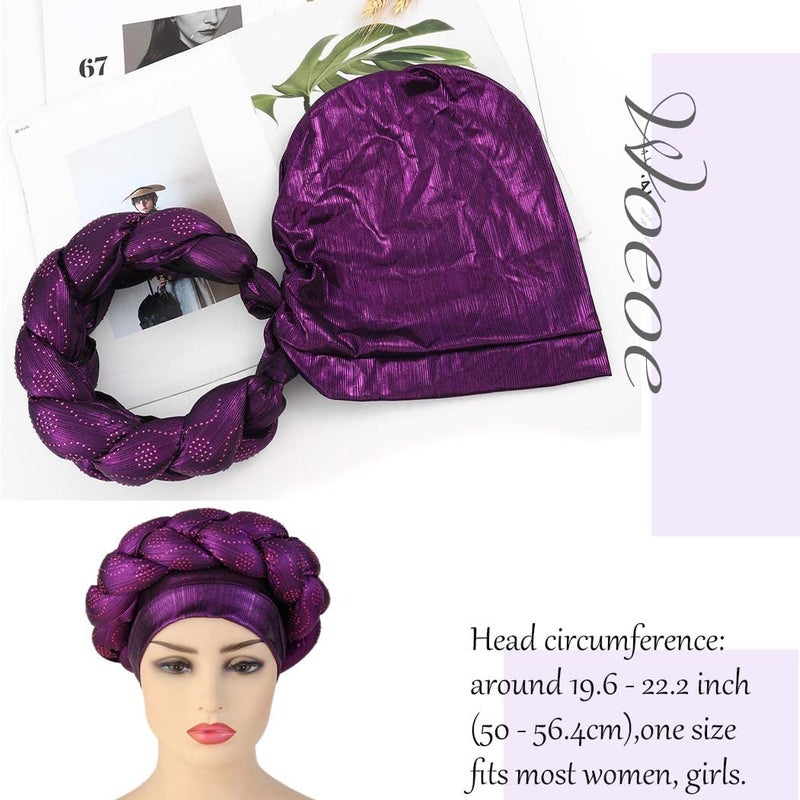 Woeoe African Turban Head Wraps Purple Braid Beanie Cap Headwear Crystals Twisted Head Turbans for Women and Girls (Purple) - Image 2