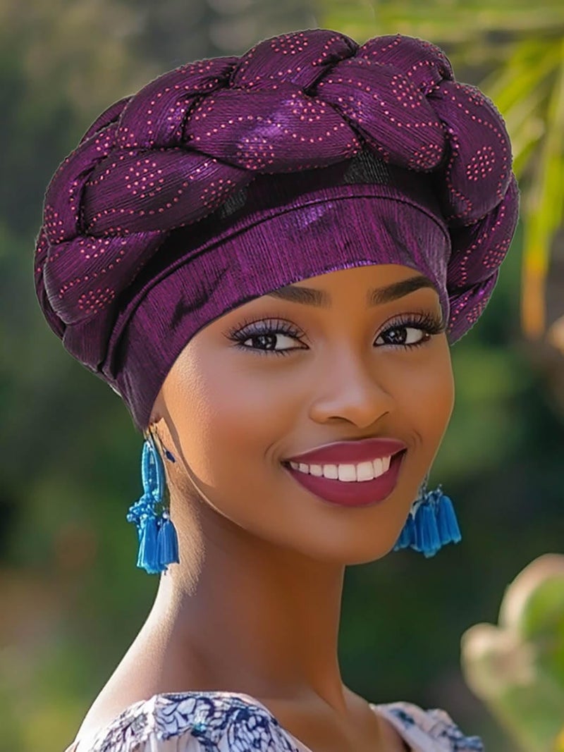 Woeoe African Turban Head Wraps Purple Braid Beanie Cap Headwear Crystals Twisted Head Turbans for Women and Girls (Purple) - Image 4