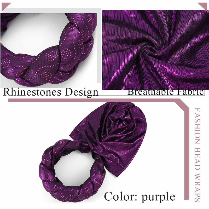 Woeoe African Turban Head Wraps Purple Braid Beanie Cap Headwear Crystals Twisted Head Turbans for Women and Girls (Purple) - Image 5
