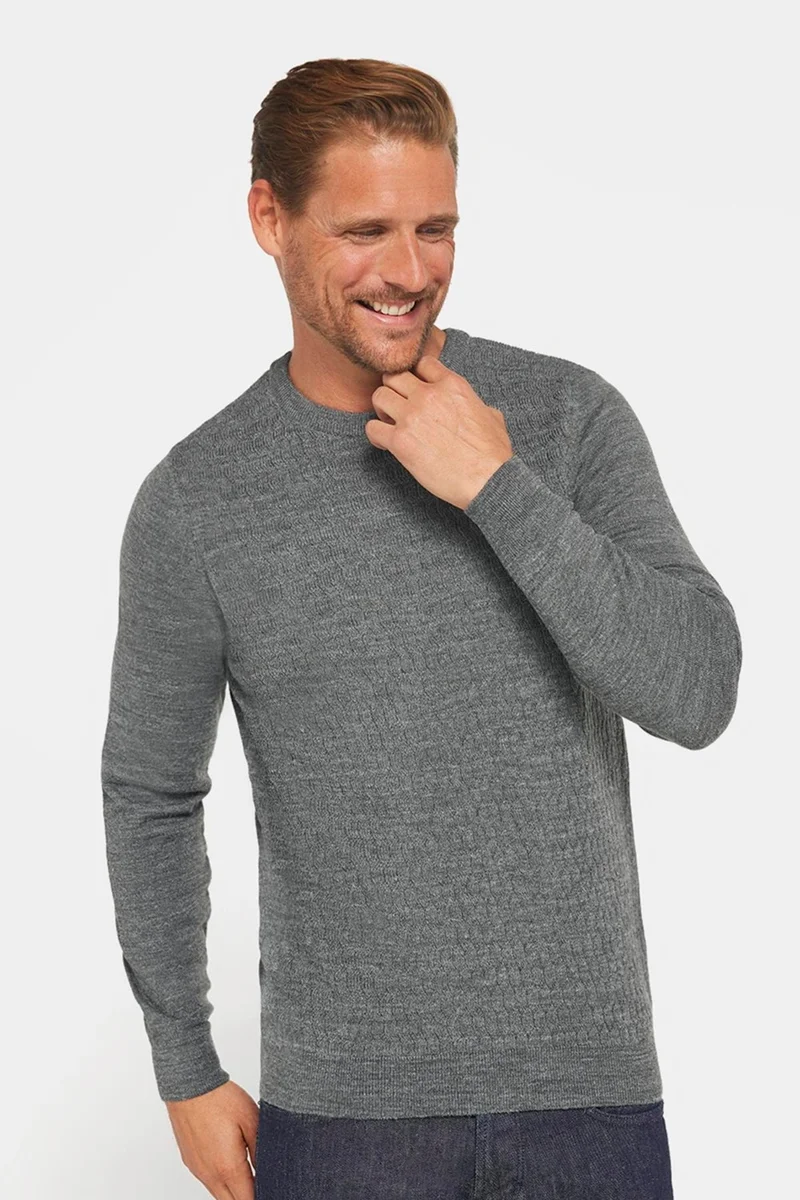 Tudors Slim Fit Crew Neck Self Patterned Gray Men's Knitwear Sweater