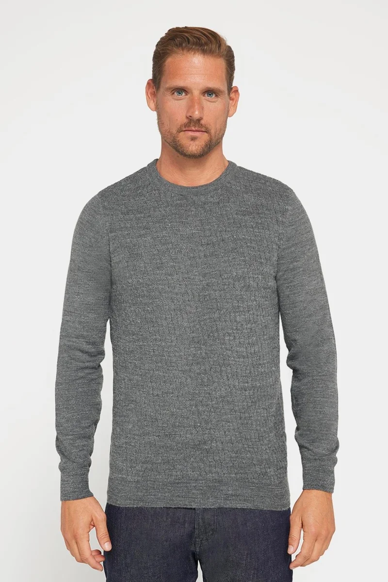 Tudors Slim Fit Crew Neck Self Patterned Gray Men's Knitwear Sweater