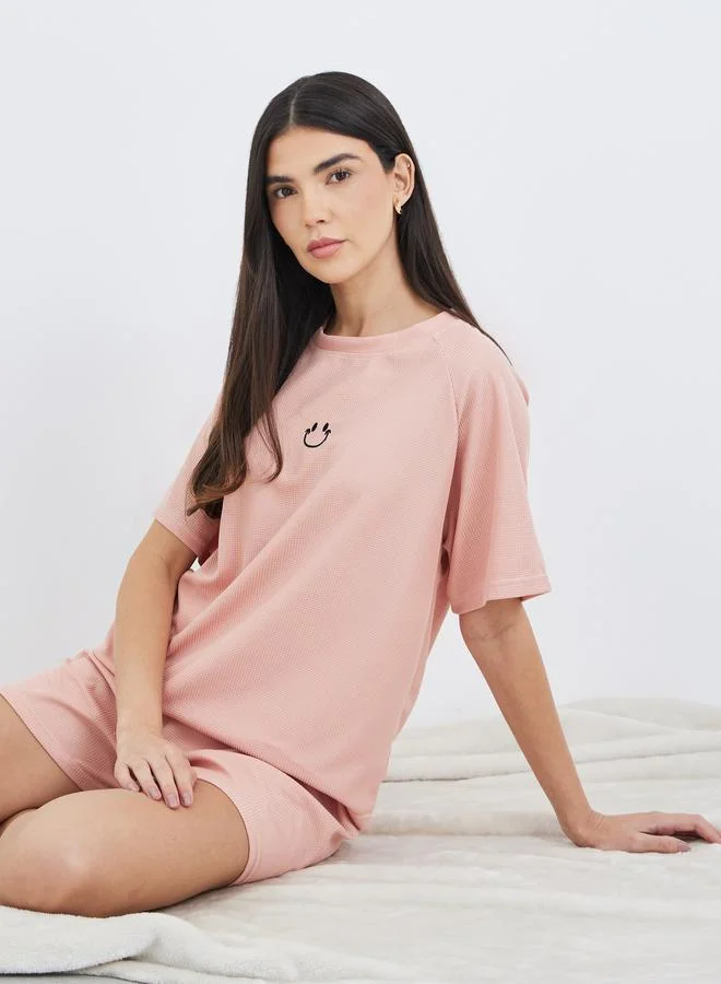 تايك تو Take Two Women Pink Waffle Knit T-Shirt and Shorts Set