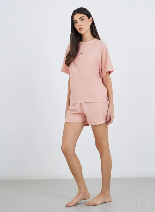 تايك تو Take Two Women Pink Waffle Knit T-Shirt and Shorts Set