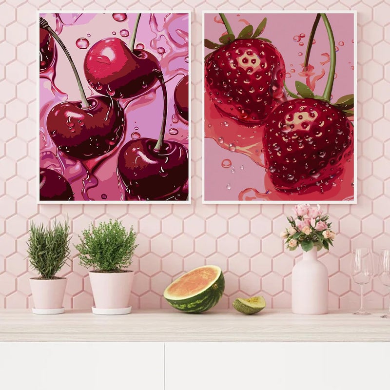 AIBOERL 2 Pack Diamond Art Kits for Adults,Retro Cherry Strawberries Diamond Painting Kits for Beginner Round 5D Full Drill Diamond Dots Crafts for Home Wall Decor Gifts 12x16Inch - Image 4