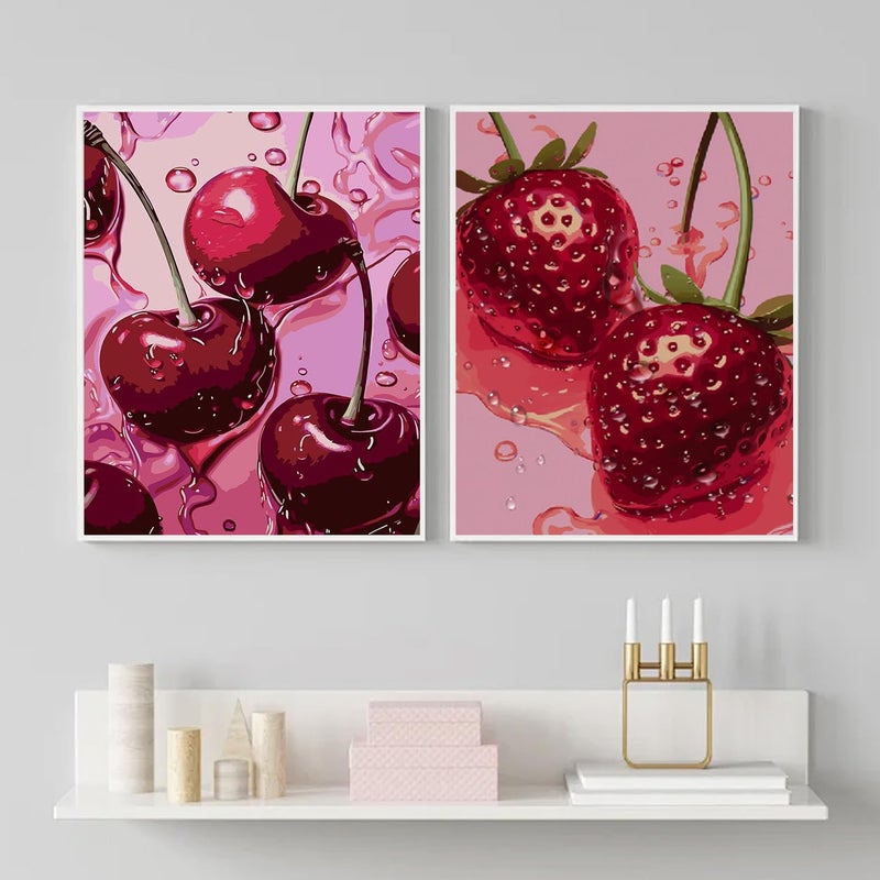 AIBOERL 2 Pack Diamond Art Kits for Adults,Retro Cherry Strawberries Diamond Painting Kits for Beginner Round 5D Full Drill Diamond Dots Crafts for Home Wall Decor Gifts 12x16Inch - Image 2