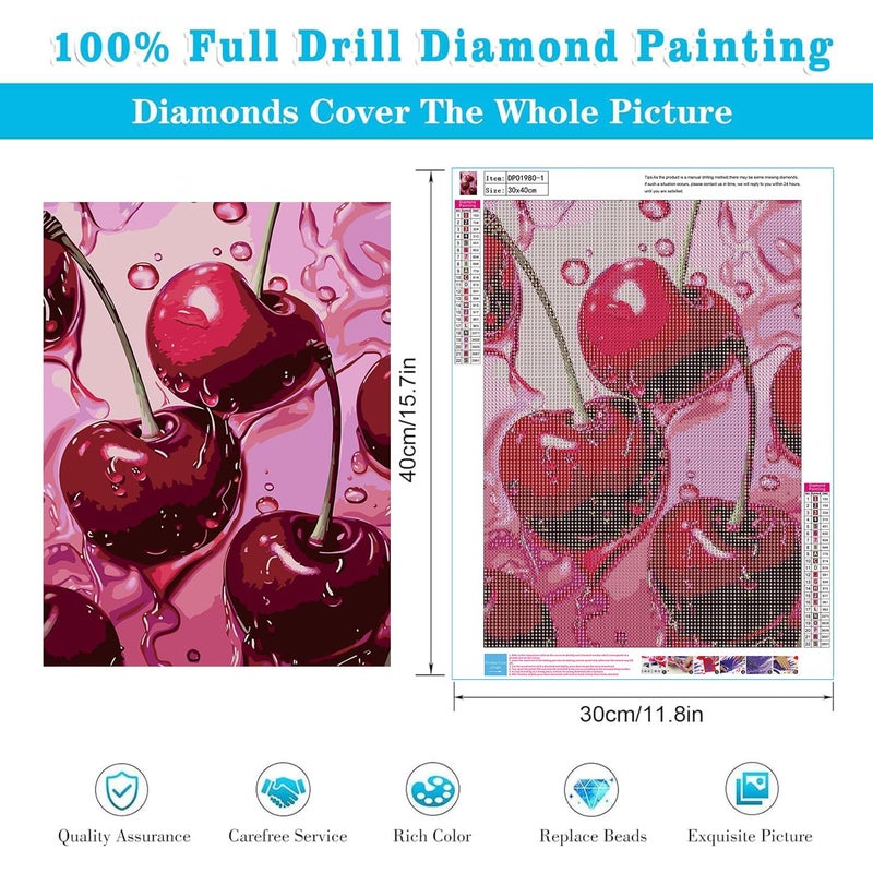 AIBOERL 2 Pack Diamond Art Kits for Adults,Retro Cherry Strawberries Diamond Painting Kits for Beginner Round 5D Full Drill Diamond Dots Crafts for Home Wall Decor Gifts 12x16Inch - Image 5