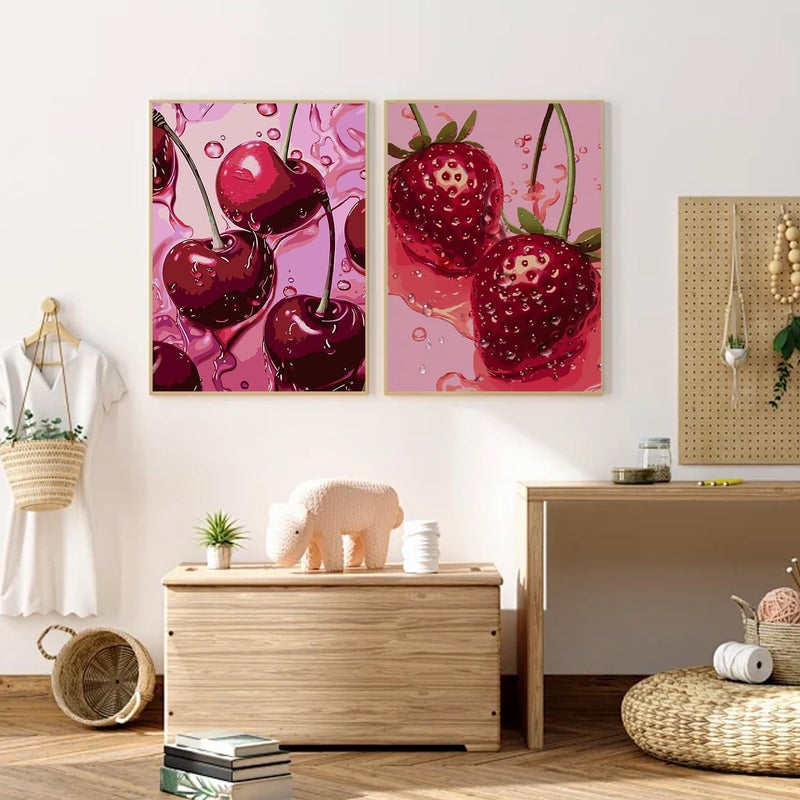 AIBOERL 2 Pack Diamond Art Kits for Adults,Retro Cherry Strawberries Diamond Painting Kits for Beginner Round 5D Full Drill Diamond Dots Crafts for Home Wall Decor Gifts 12x16Inch - Image 3