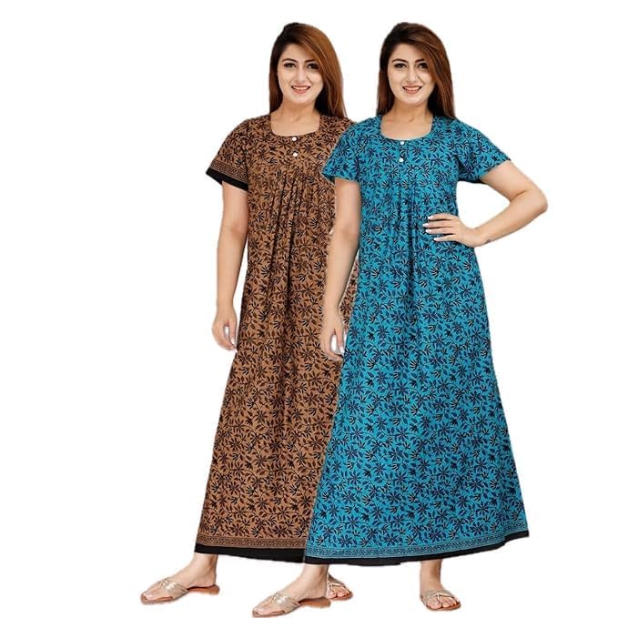 NEGLIGEE Women's Cotton Printed Maxi NightGown Nighty for Women Ankle Length Night Dress - Pack Of 2 (Free Size, SET4) - Image 1