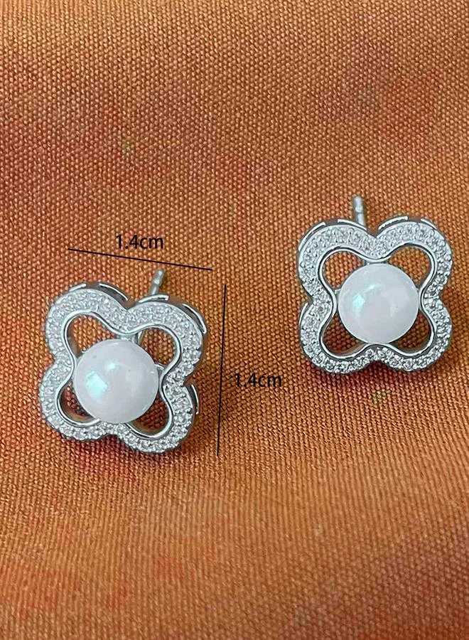 Take Two Silver Take Two Four-Leaf Clover Shape Earrings with Faux Pearl for Women | Best Price UAE