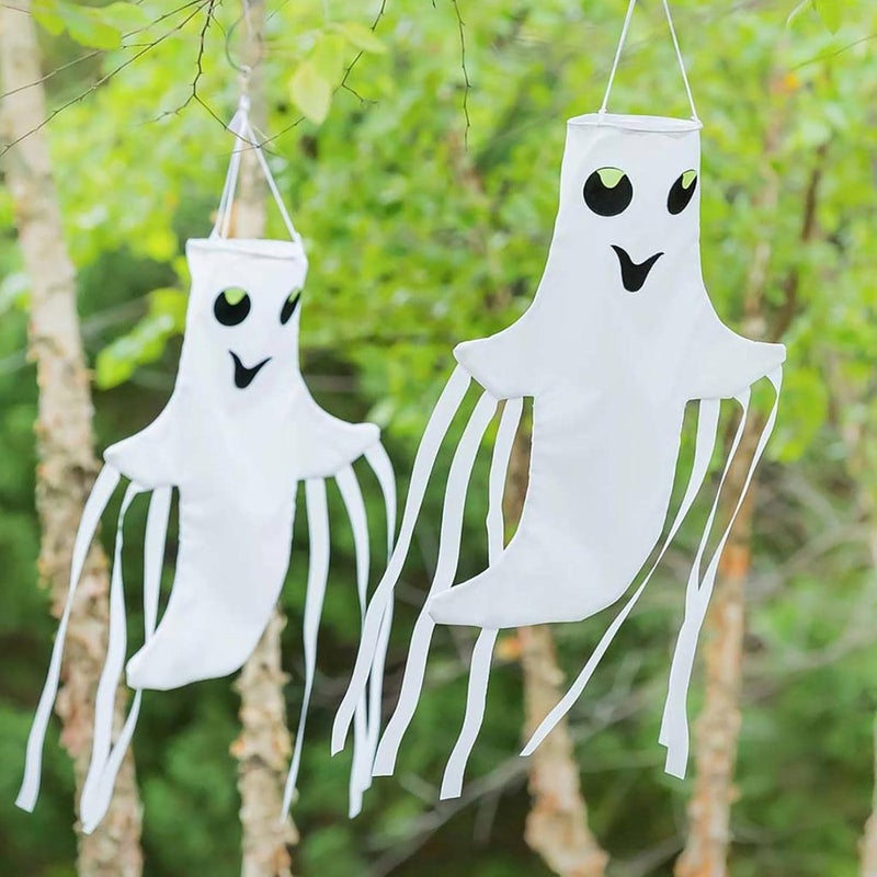 cheekyglo Halloween Ghost Windsocks Flag, Cute Smiling Ghost Decor, Halloween Light-up Ghost Windsock Hanging Decorations for Home Patio Yard Outdoor Decor Party Supplies - Image 1