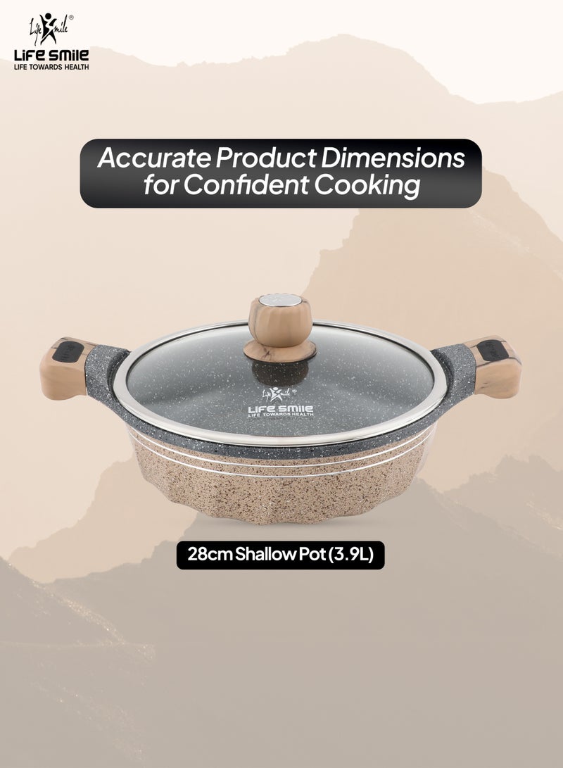 لايف سمايل قدر طهي لايف سمايل غير لاصق مقاس 28 سم (سعة 3.9 لتر) | قدر جرانيت مسطح مع غطاء زجاجي | خالٍ 100% من مادة PFOA، مقبض باكلايت ثابت | طلاء جرانيت غير لاصق متعدد الطبقات - Image 5