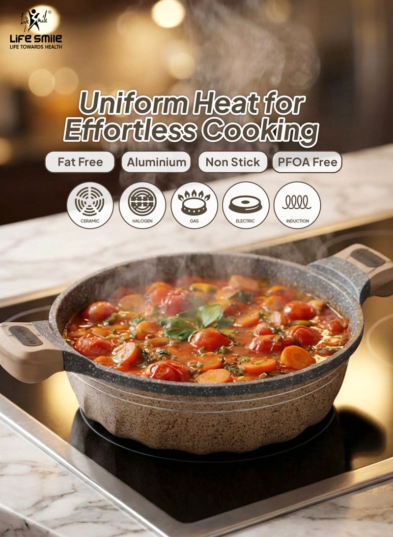 لايف سمايل قدر طهي لايف سمايل غير لاصق مقاس 28 سم (سعة 3.9 لتر) | قدر جرانيت مسطح مع غطاء زجاجي | خالٍ 100% من مادة PFOA، مقبض باكلايت ثابت | طلاء جرانيت غير لاصق متعدد الطبقات - Image 3