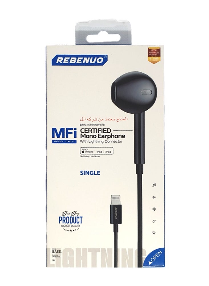 REBENUO - Certified Mono Earphone With Mic And Lightning Connector For iPhone/iPad/iPod - Image 1