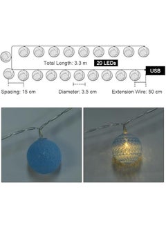 إيروريكس أضواء خرافية من القطن بطول 3.3 متر و10.83 قدم، 20 مصباح LED، سلسلة أضواء LED تعمل بمنفذ USB، أضواء كروية ملونة لغرفة النوم وحفلات الزفاف والمنزل والديكور على طراز الماكارون  - Image 3