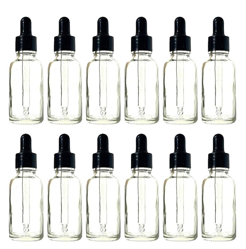VOW 30 ML Transparent Round Empty Glass Bottle Glass Dropper Black Ring Silicone Black Teat Refillable Reusable Leak Proof for Essential Oils PerfumesPack of 12 - Image 1