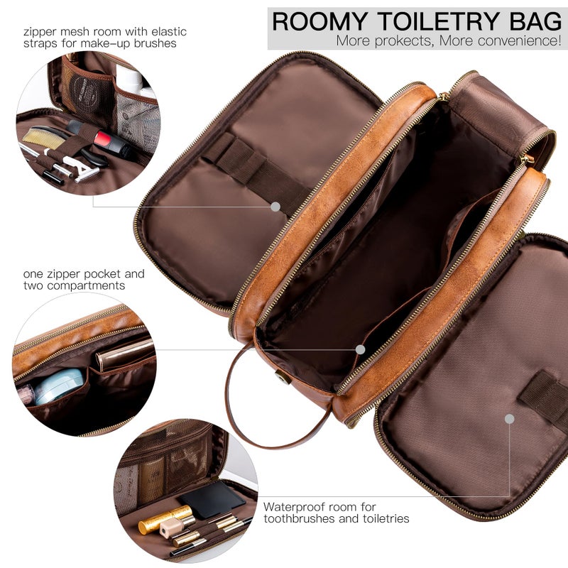Elviros Toiletry Bag for Men, Large Travel Shaving Dopp Kit Water-resistant Bathroom Toiletries Organizer PU Leather Cosmetic Bags - Image 2