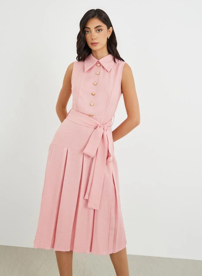 Styli Styli Plain Sleeveless Pleated A-Line Midi Dress with Tie Waist