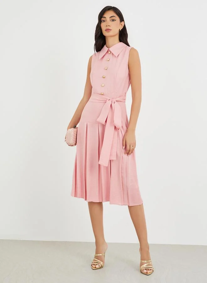 Styli Styli Plain Sleeveless Pleated A-Line Midi Dress with Tie Waist
