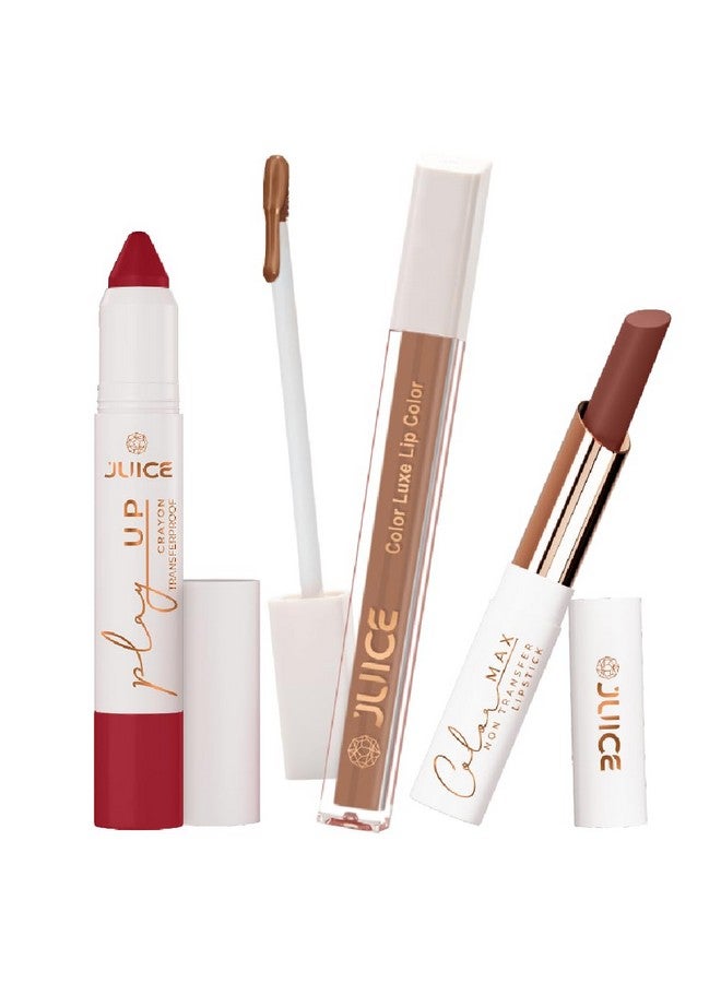 Juice Long Lasting, 3pc Lipstick Combo Set For Women(Red-y Set Go-MCR08 Lip Crayon, Brown-M18 Liquid Lipstick, Cocoa Kiss-M02 Slim Stick) - Image 1